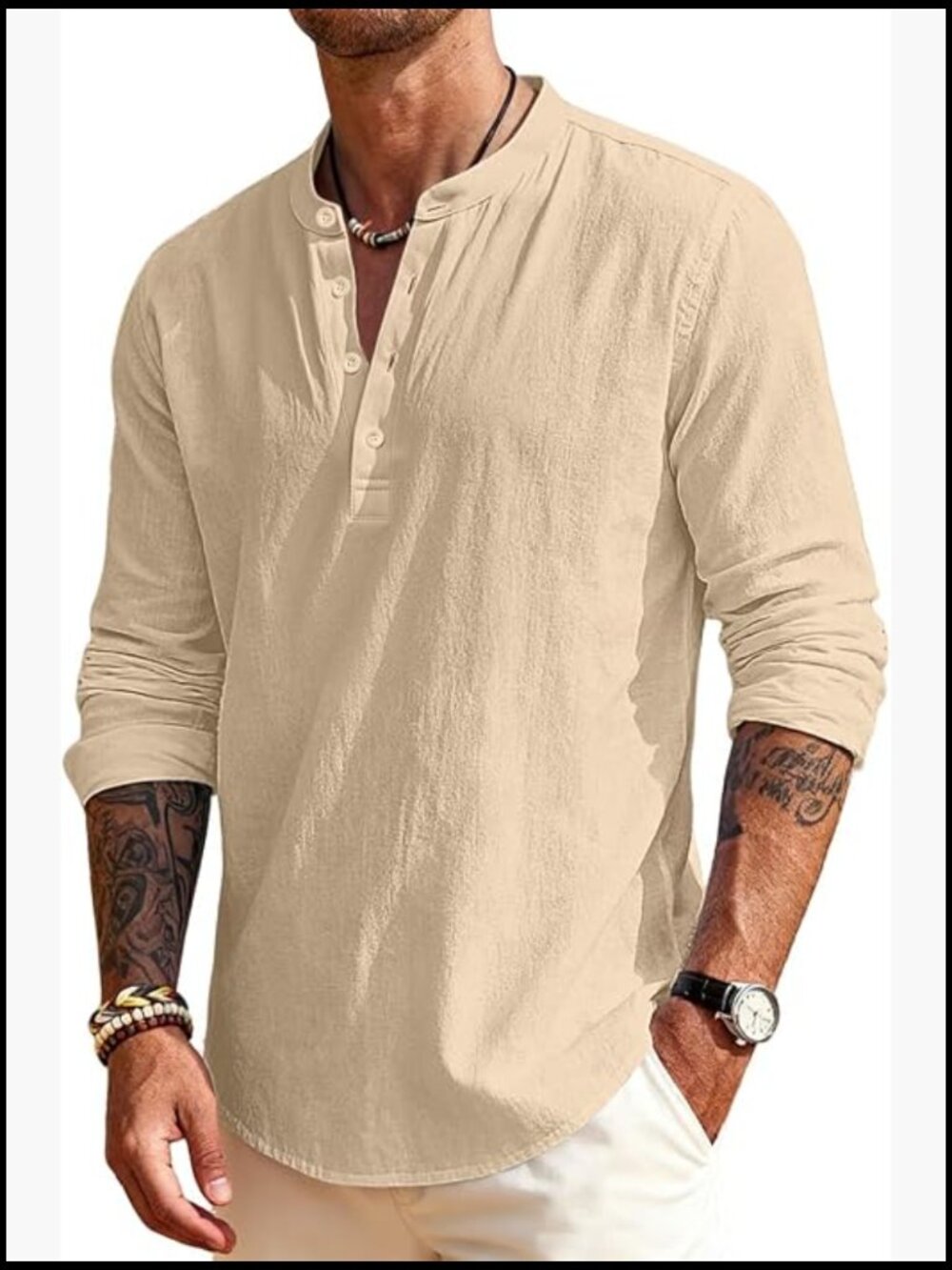 Men's Linen Henley Long Sleeve Casual Button Down Beach Shirt